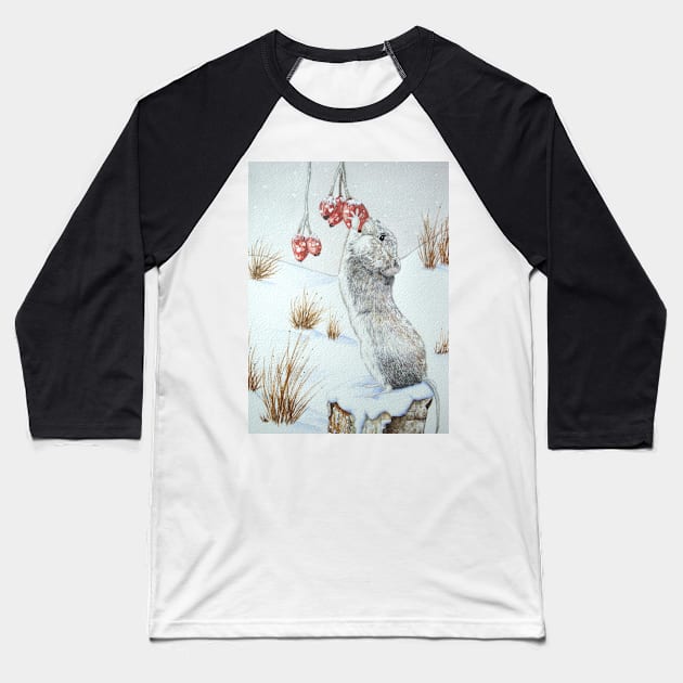 Cute mouse and red berries snow scene wildlife Baseball T-Shirt by pollywolly